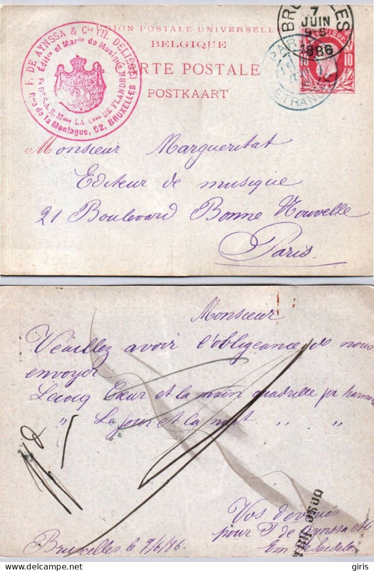 Belgique - Entier Postal - Brief Van Bruxelles 1886 - Brief Van Paris Etranger - Autres & Non Classés