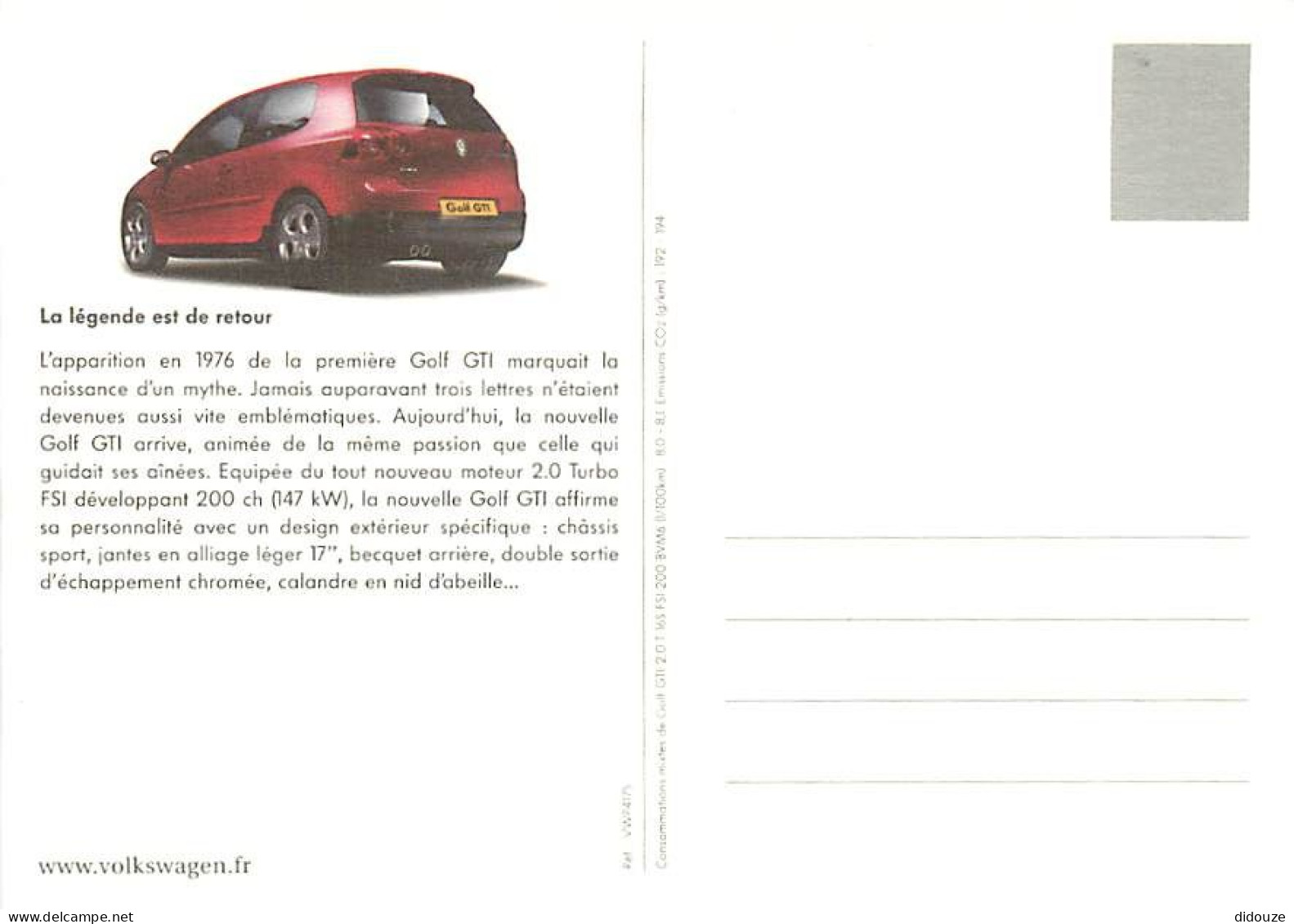 Automobiles - Carte Publicitaire - Volkswagen Golf GTI - Carte Neuve - CPM - Voir Scans Recto-Verso - Voitures De Tourisme