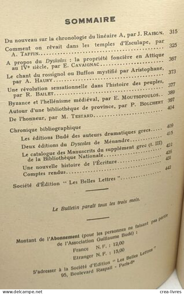 Bulletin De L'association Guillaume Budé (revue De Culture Générale) 4e Série N°3 Octobre 1960 - Autres & Non Classés