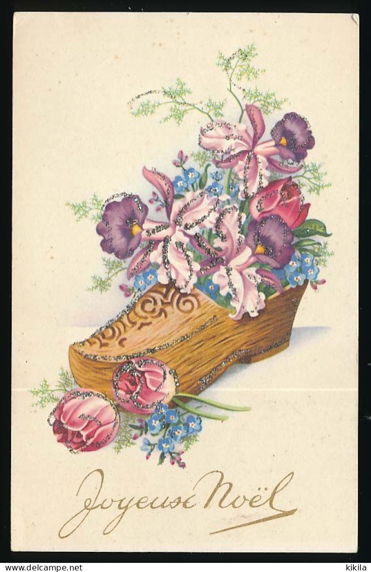 CPA / CPSM 9 X 14 Fantaisies SABOT (31)  "Joyeux Noël" Roses  Myosotis  Réhaussé De Poudre Argentée - Autres & Non Classés