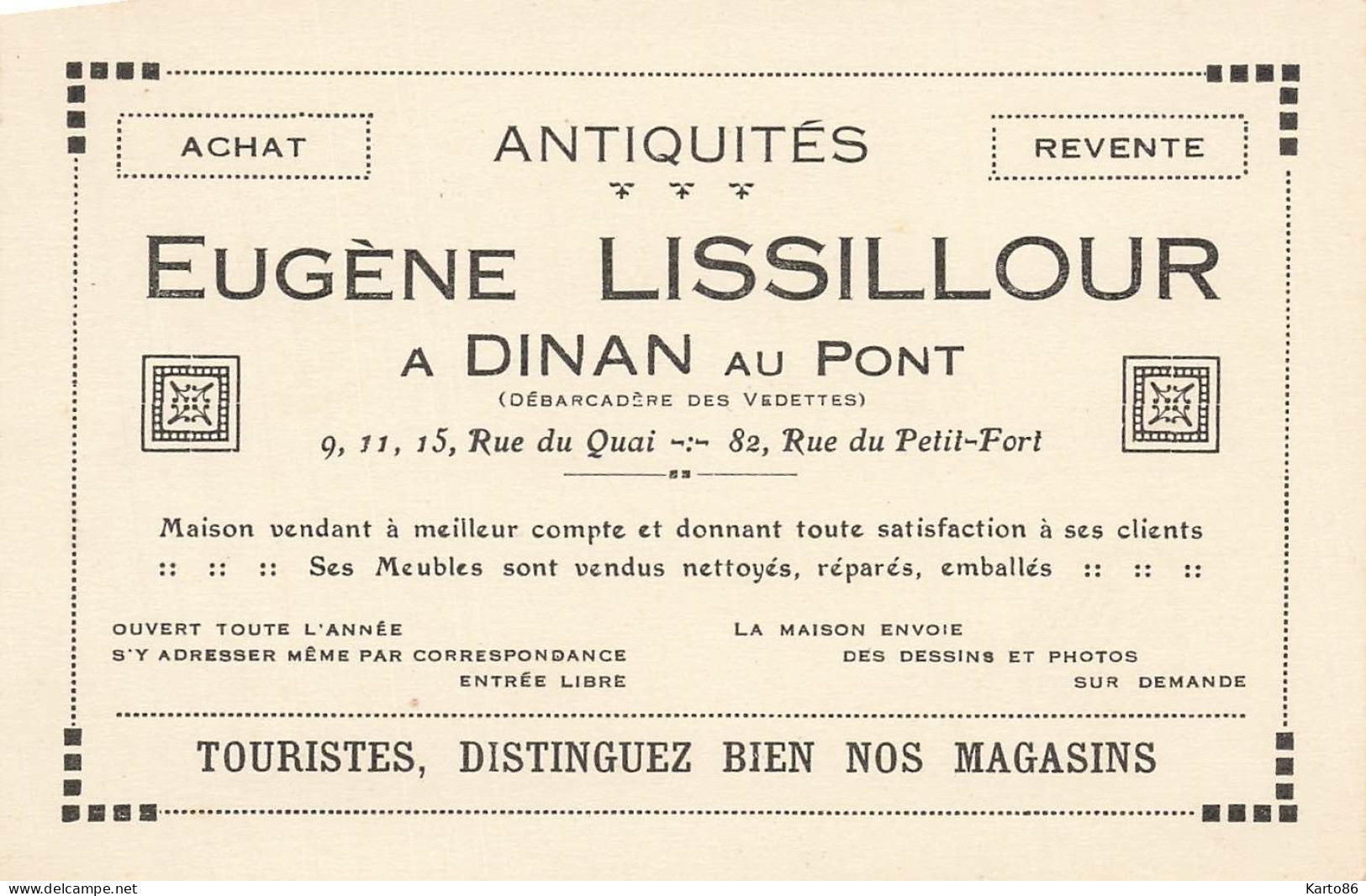 Dinan * Antiquités Eugène LISSILOUR , Au Pont Rue Du Quai & Rue Du Petit Port * Carte De Visite Ancienne - Dinan