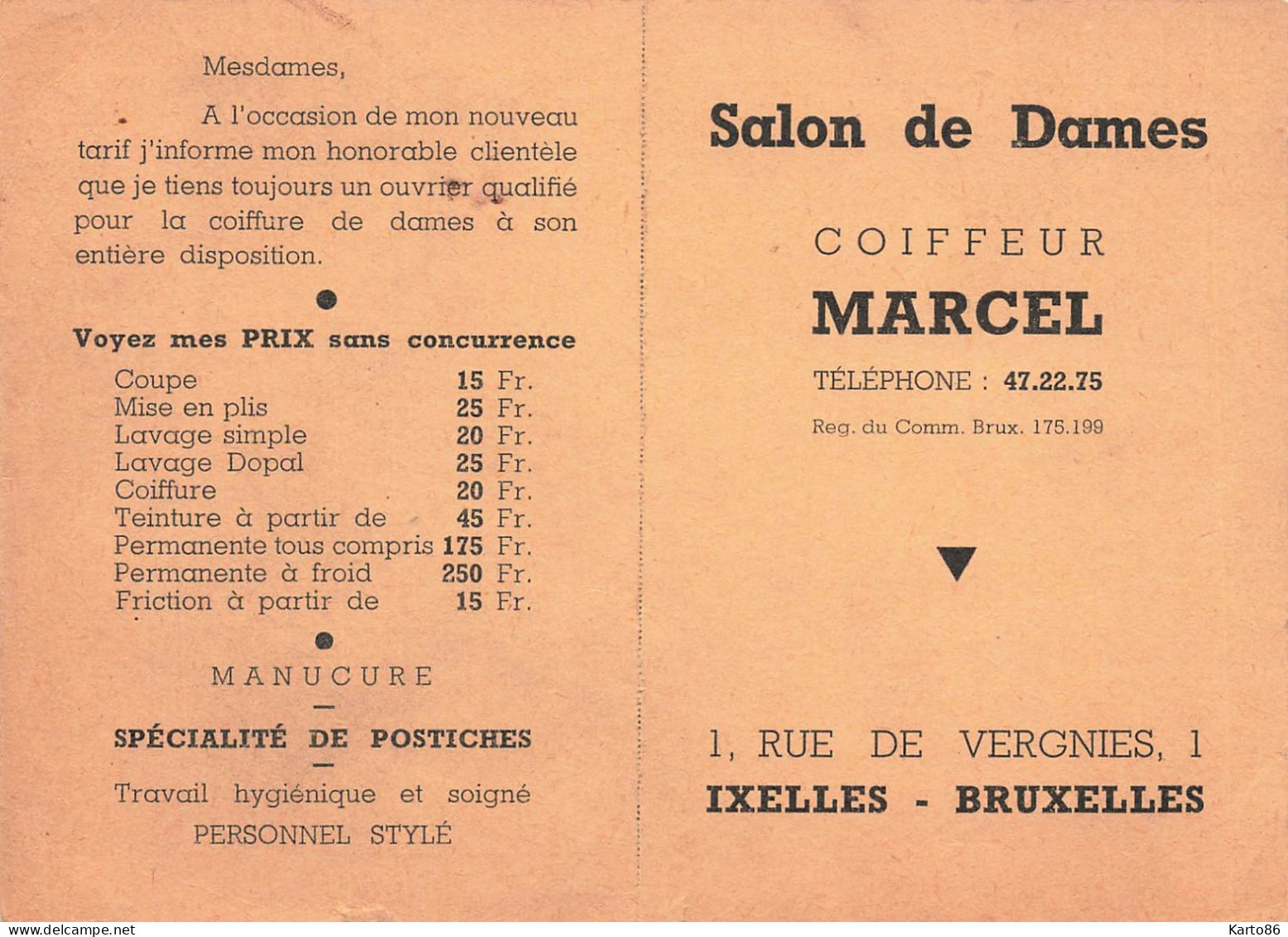 Petit Calendrier 11949 Publicitaire " Salon De Coiffure Pour Dames MARCEL Coiffeur 1 Rue Vergines Bruxelles " * Calendar - Klein Formaat: 1941-60