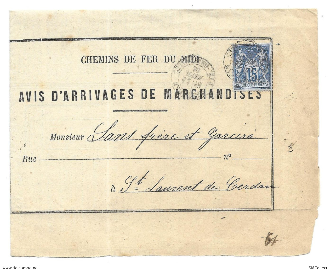 Chemins De Fer Du Midi, 1881. Avis D'arrivages De Marchandises En Station De Perpignan Pour Saint Laurent De Cerdan (AS) - Railway Post