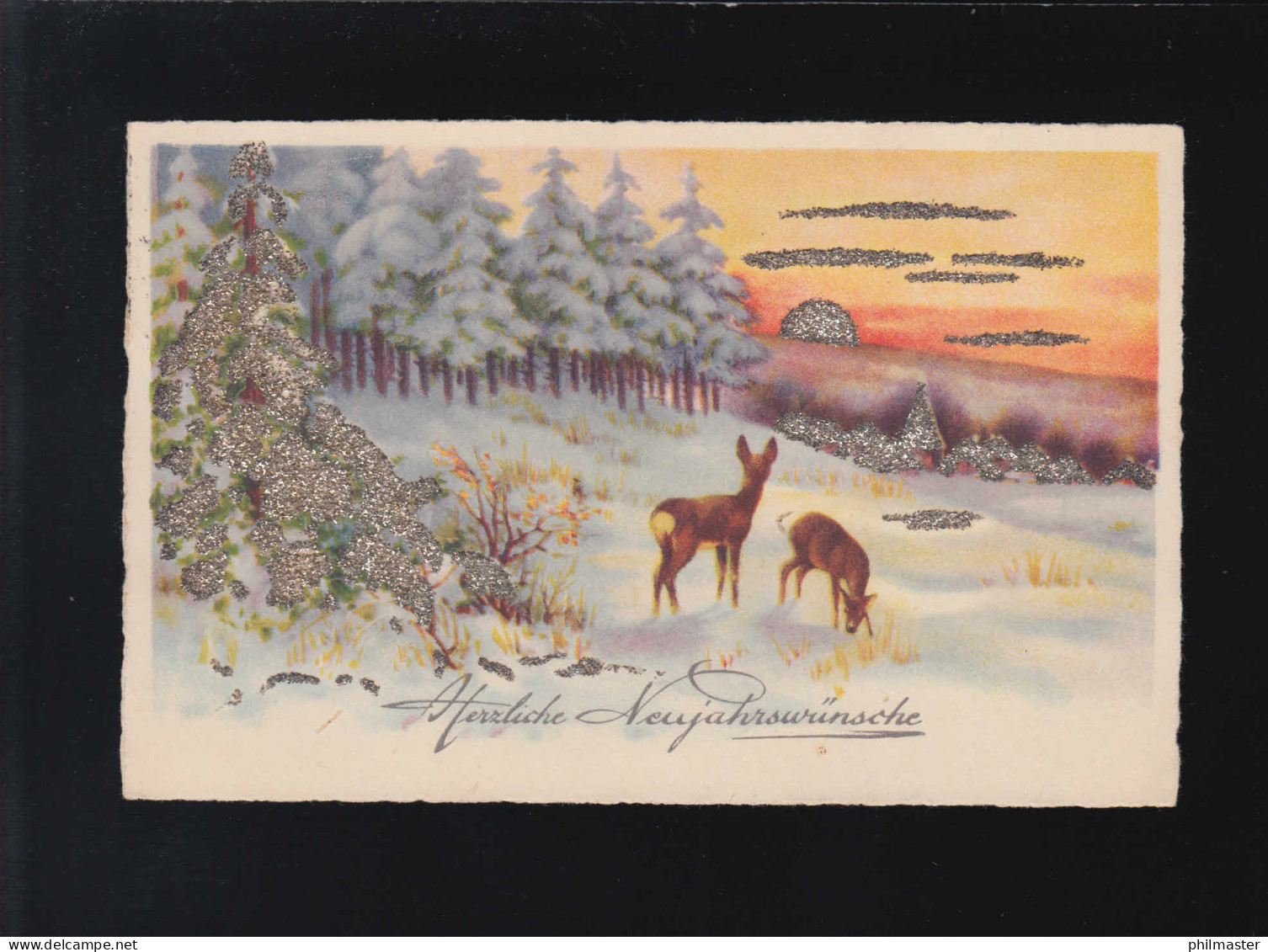 Herzliche Neujahrswünsche Rehe Waldrand Schnee Winter Abendrot Witten 30.12.1933 - Halt Gegen Das Licht/Durchscheink.