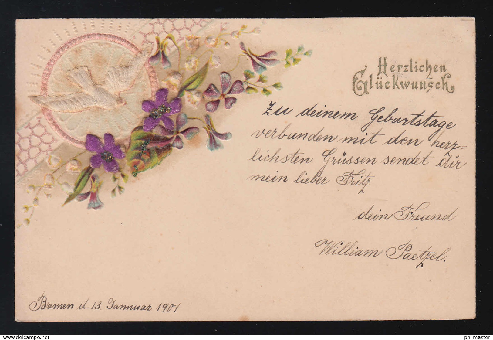 Weiße Taube Blumenranken Lila Glitzer, Herzlichen Glückwunsch Bremen 13.1.1901 - Sonstige & Ohne Zuordnung