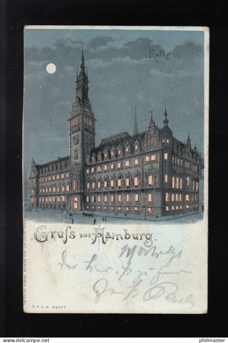 Gruß Aus Hamburg Rathaus Mond Nachts, Altona / Usingen 12. + 13.10.1899 - Hold To Light