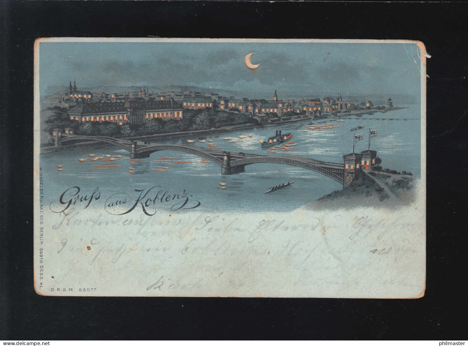 Gruß Aus Koblenz Coblenzer Rheinbrücke Nacht Mond Beleuchtung, Coblenz 9.7.1900 - Contraluz