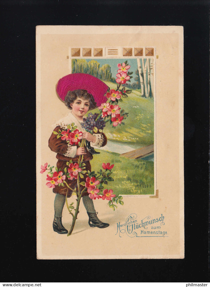 Kind Lila Hut Bringt Blumen, Glückwunsch Namenstag, Dietmannsried 14.6.1910 - Autres & Non Classés