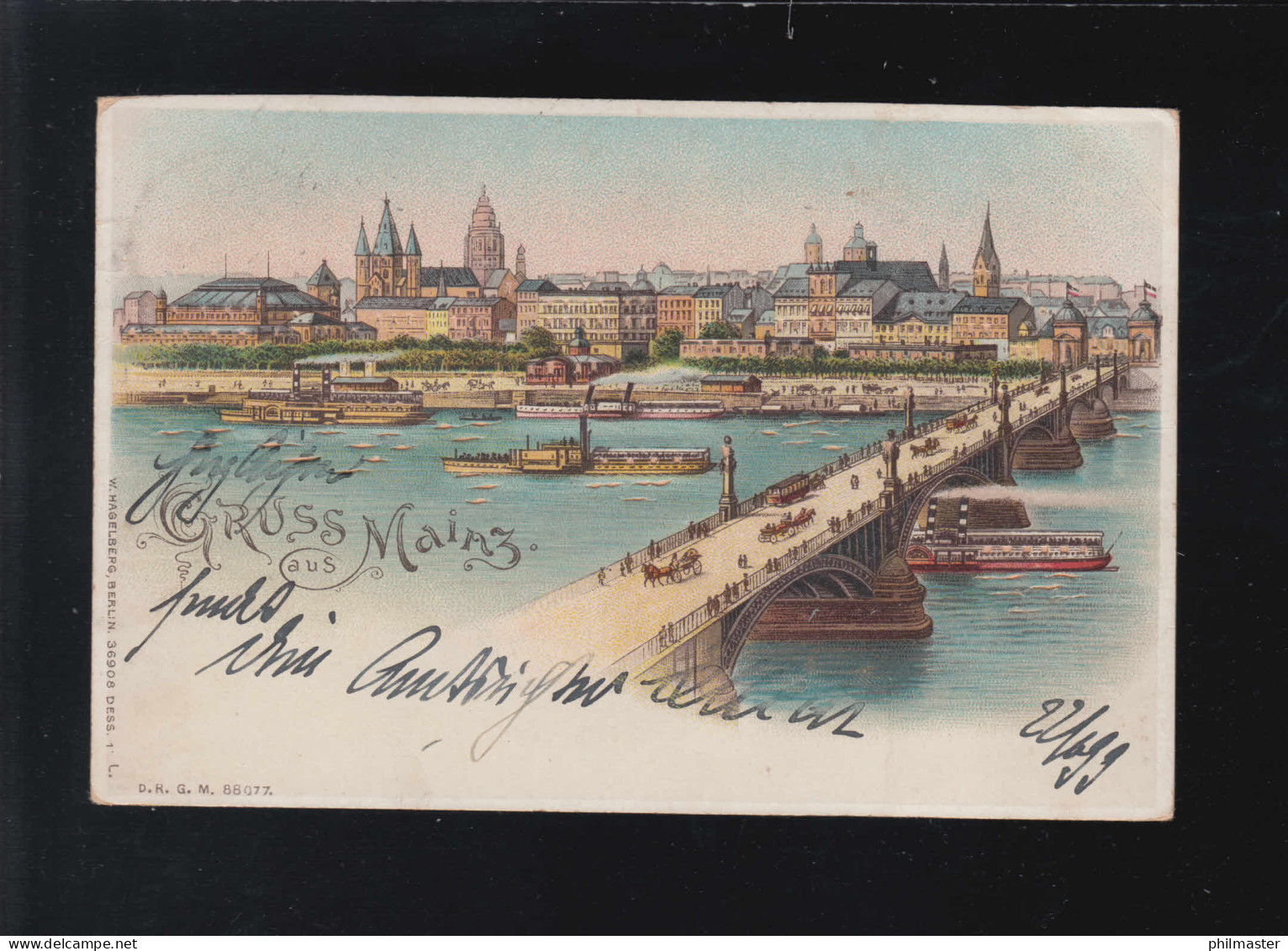 Gruss Aus Mainz, Rhein Dampfschiffe Stadtpanorama Heuss Brücke Homburg 23.6.1899 - Hold To Light