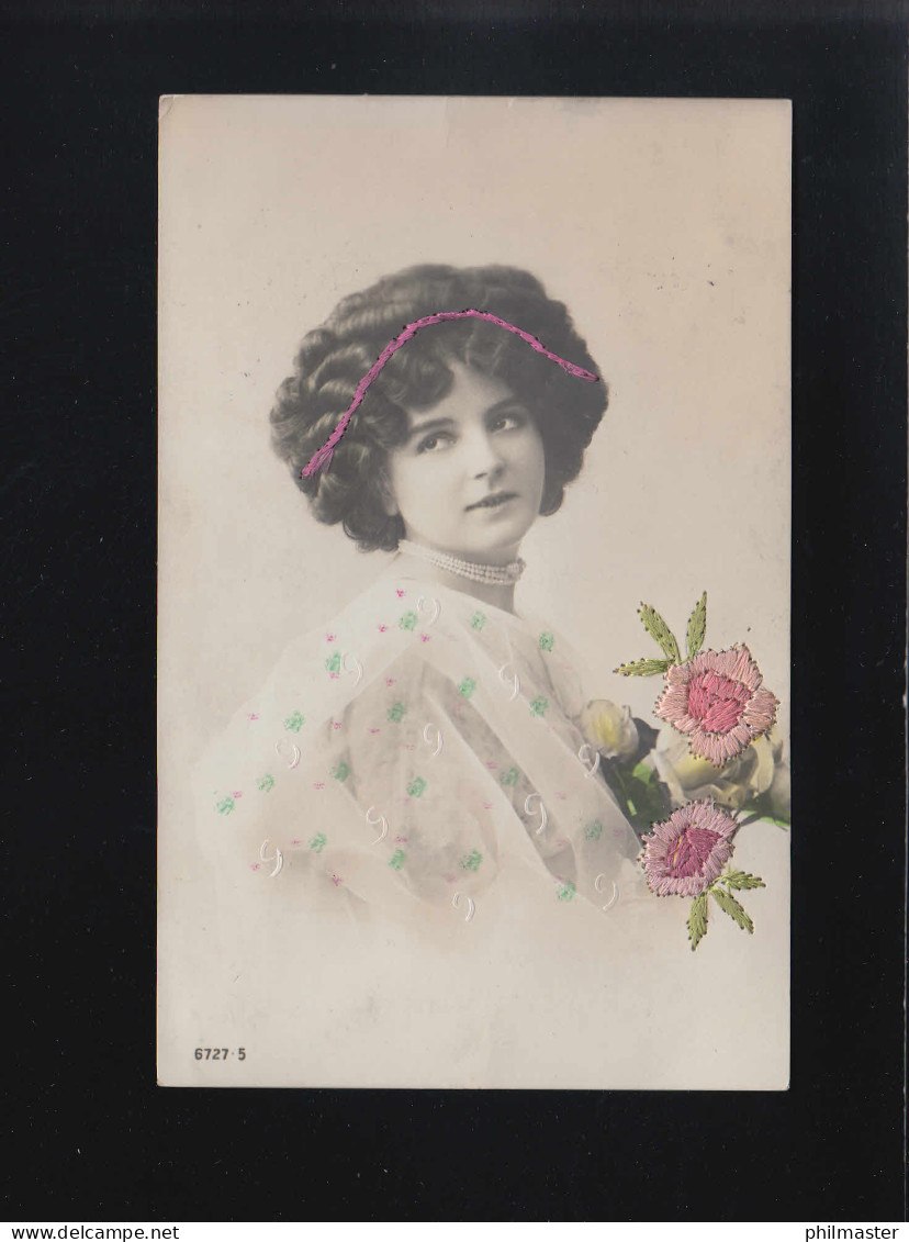 Elegante Frau Mit Dunklem Haar, Gesticktes Haarband Blumen, Gelaufen 29.8.1910 - Sonstige & Ohne Zuordnung