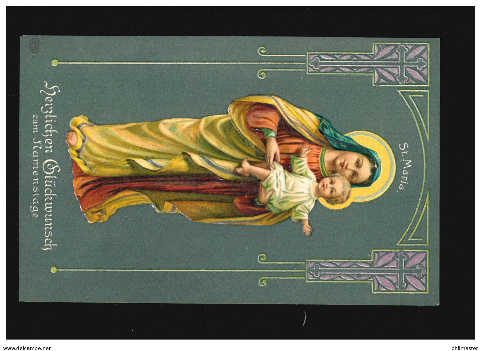 Namenstag Heilige Maria Mit Kind Herzlichen Glückwunsch Prägekarte, Ungebraucht - Other & Unclassified