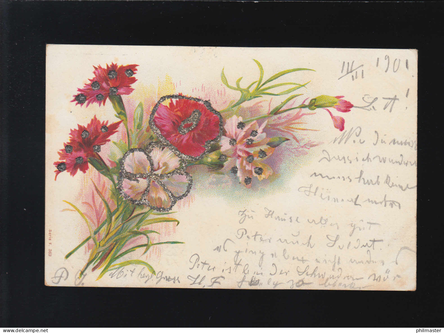 Blumenstrauß Nelken Fresien Mit Glitzer Verziert, Aachen /Bruxelles 3.+4.3.1901 - Halt Gegen Das Licht/Durchscheink.