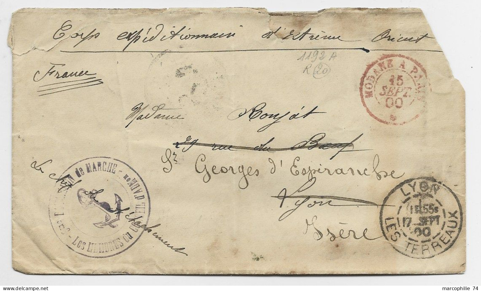 LETTRE COVER DEFAUT CORPS EXPEDITIONNAIRE EXTREME ORIENT 1900 POUR LYON + MODANE A PARIS EN ROUGE - Lettres & Documents