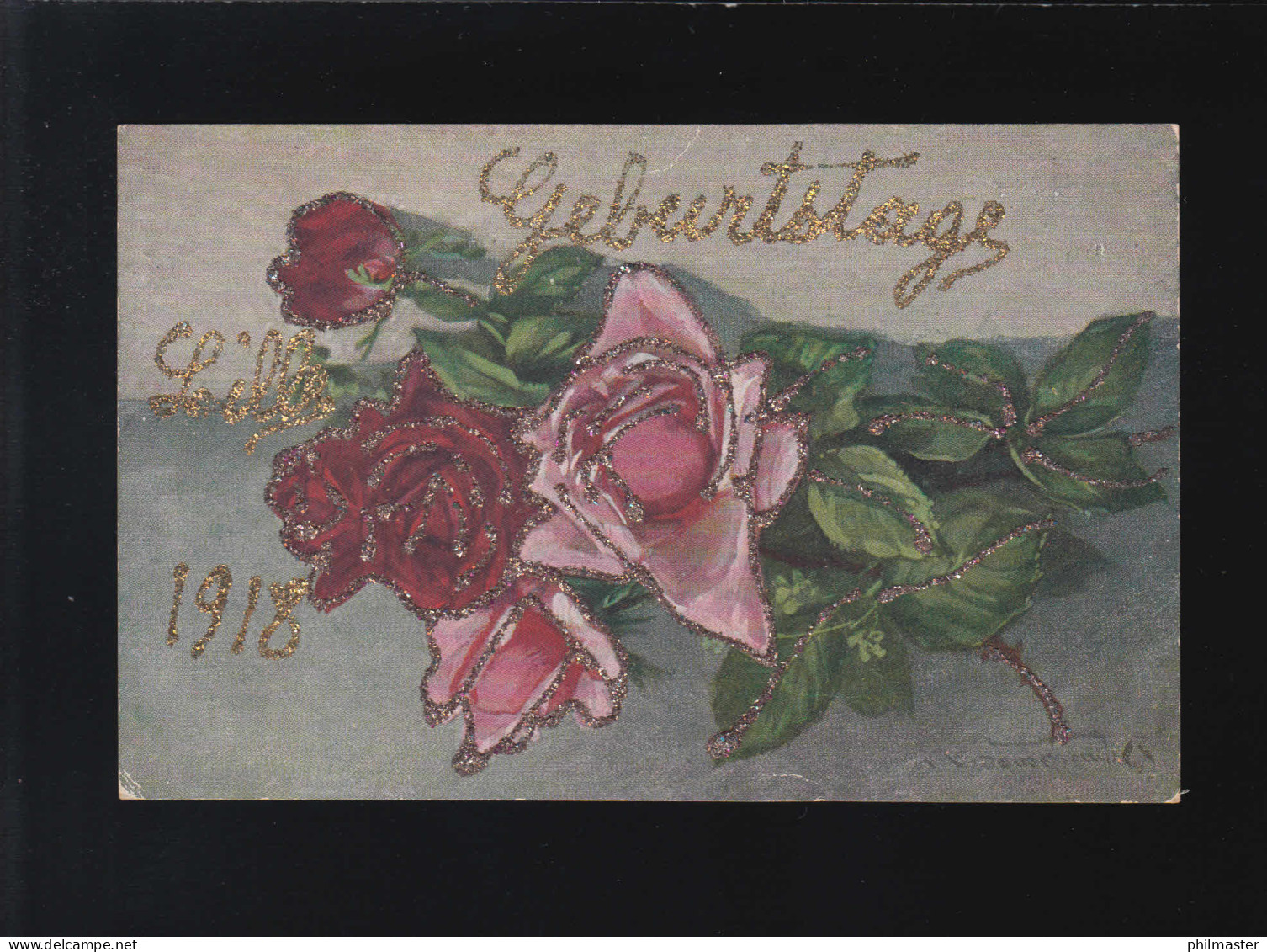 Geburtstags Liebe 1918 Rosenzweige Rosa Rot Glitzer Schrift, Beschriftet - Hold To Light