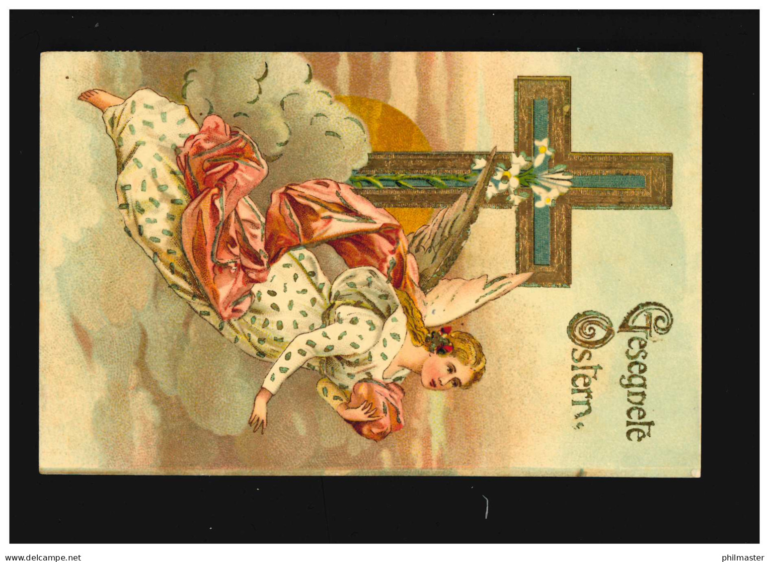 Gesegnete Ostern Kreuz Edelweiß Geschmückt, Engel, Neugersdorf 17.4.1909 - Sonstige & Ohne Zuordnung