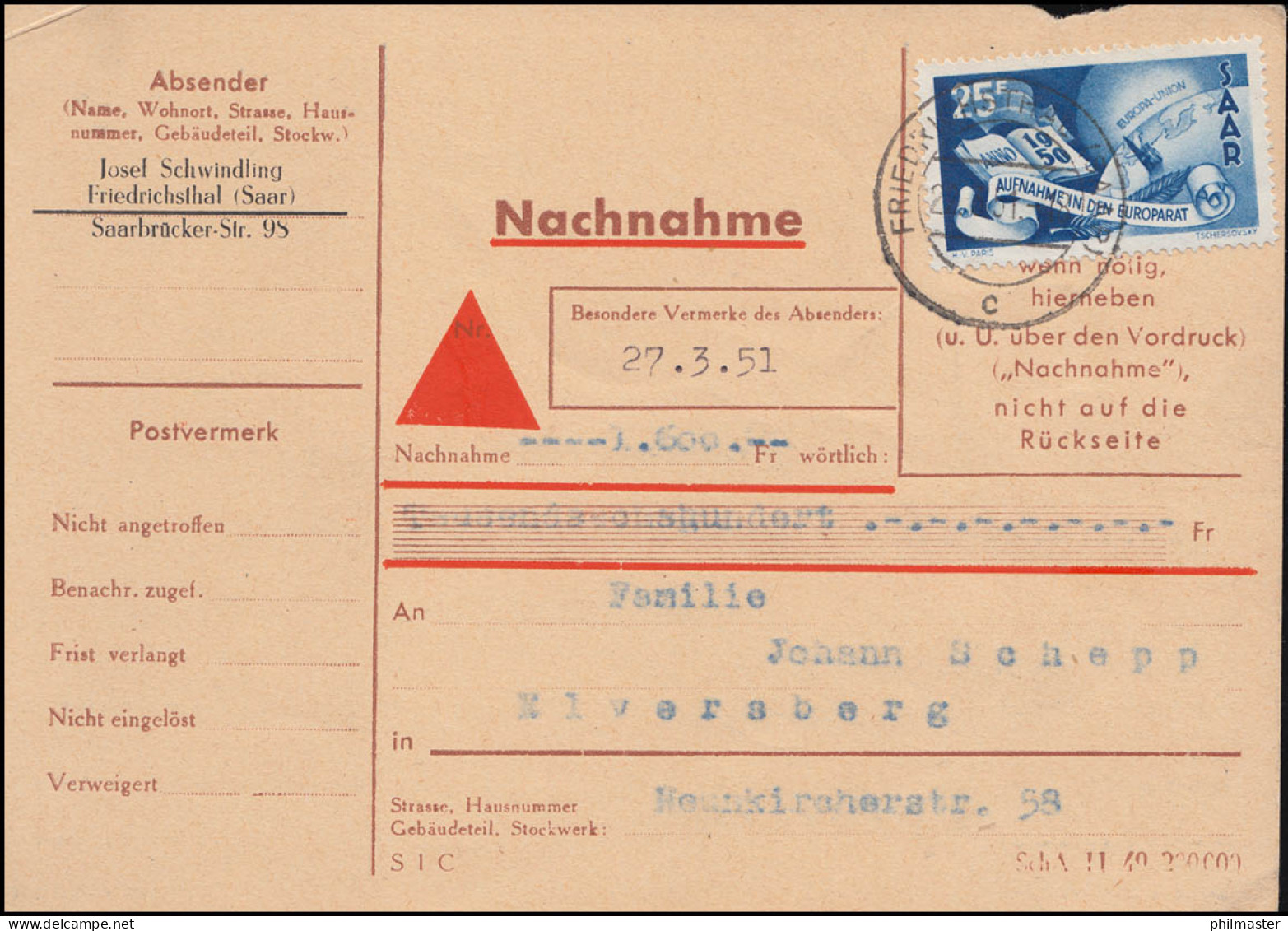 Saarland 297 Europarat Als EF Auf Nachnahmekarte FRIEDRICHSTHAL 27.3.1951  - Lettres & Documents