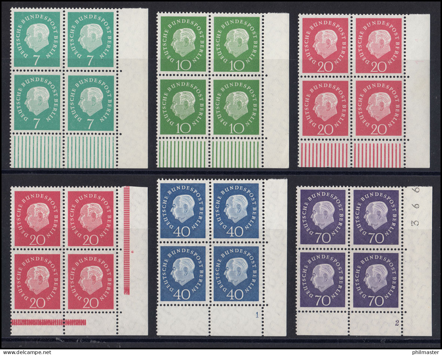 182-186 Heuss Medaillon: ER-Viererblöcke Unten Rechts Mit 20 Pf. Platte/Walze ** - Unused Stamps