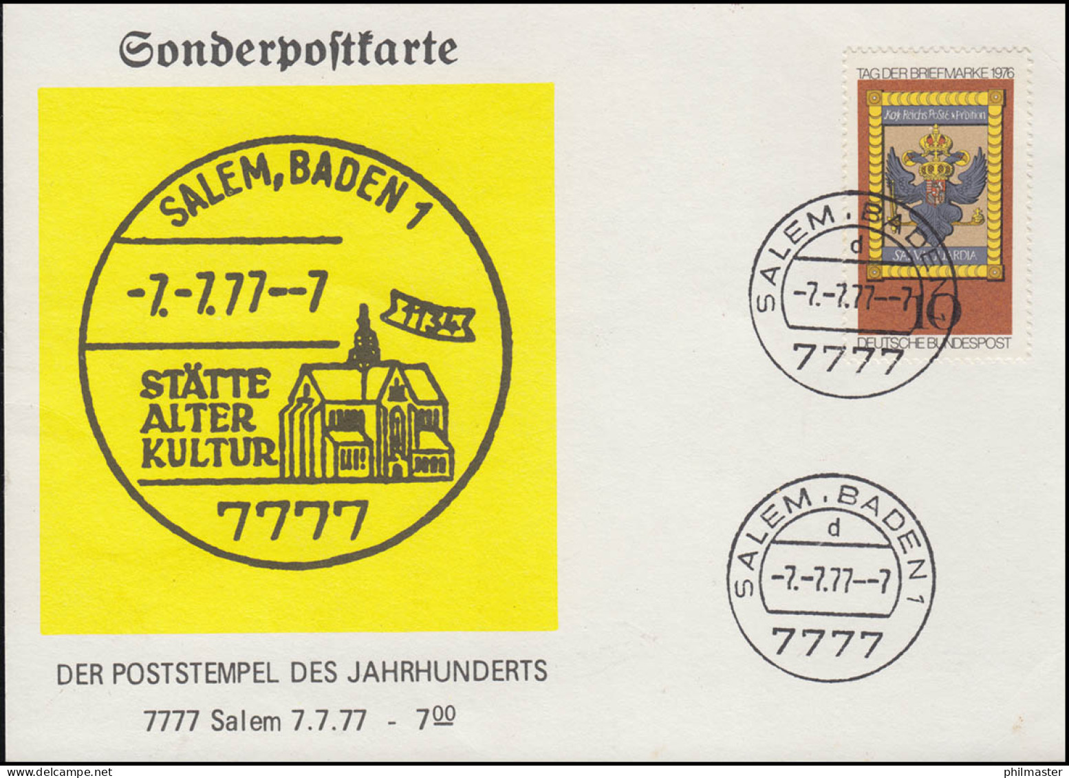 Der Poststempel Des Jahrhunderts 7777 SALEM/BADEN 7.7.77 - 7 Auf Sonderpostkarte - Autres & Non Classés