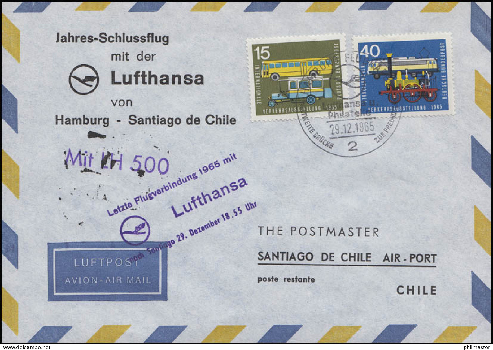 Jahres-Schlussflug LUFTHANSA Hamburg-Santiago De Chile, MiF SSt Hamburg 29.12.65 - First Flight Covers