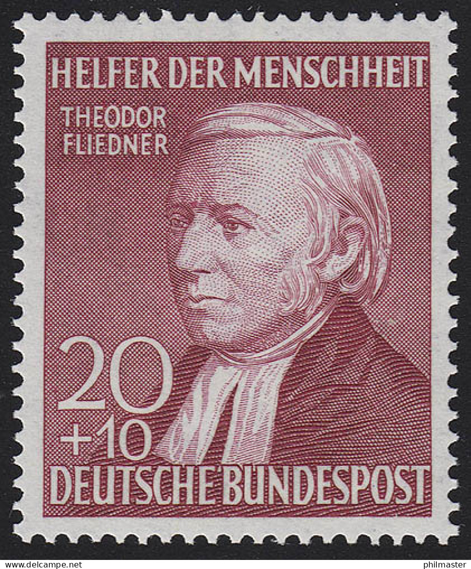158I Theodor Fliedner 20+10 Pf, Walzendruck (kleines Markenbild, Lilarot) ** - Neufs