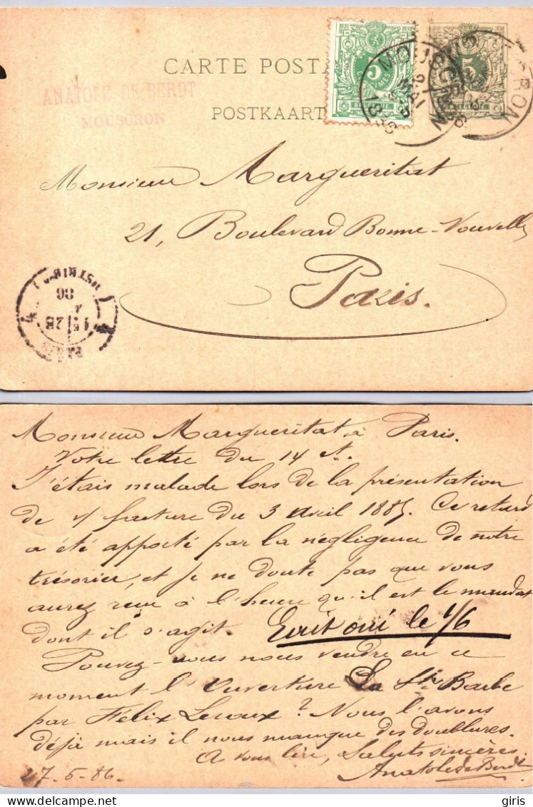 Belgique - Entier Postal - Brief Van Mouscron 1886 - Brief Van Paris Distribution - Sonstige & Ohne Zuordnung