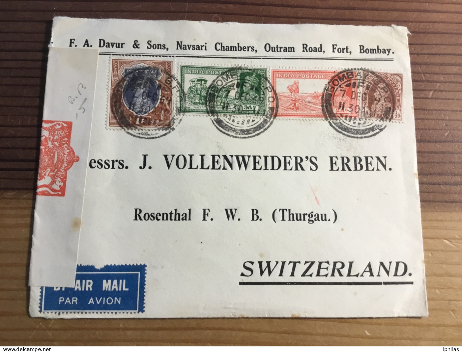 Indien Zensur Flugpost Brief In Die Schweiz, Rosenthal Thurgau Top! - 1936-47 Roi Georges VI