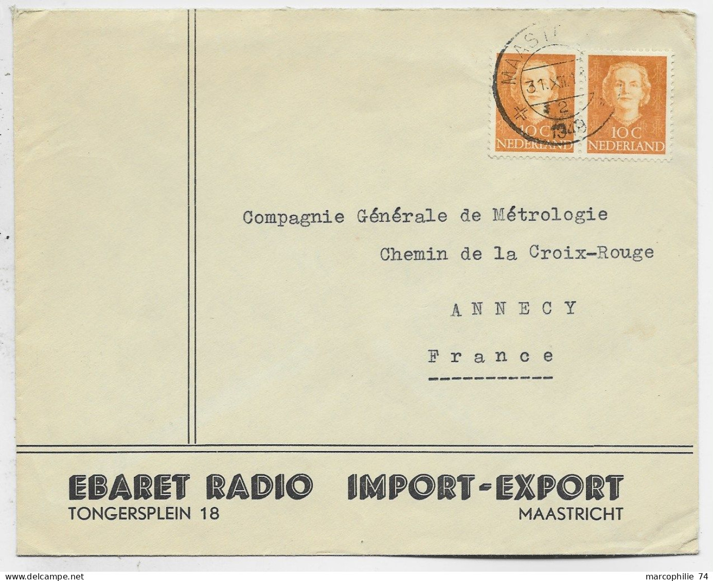 NEDERLAND 10C PAIRE LETTRE COVER ENTETE EBARET RADIO MAASSTRICHT 1949 RO FRANCE - Lettres & Documents