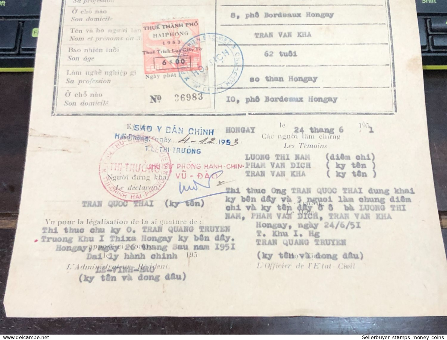 Viet Nam Suoth Old Documents That Have Children Authenticated(6$ Hai Phong 1953) PAPER Have Wedge QUALITY:GOOD 1-PCS Ver - Collections