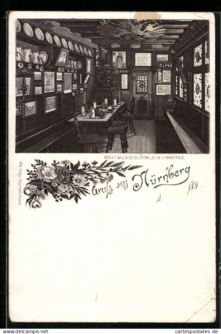 Lithographie Nürnberg, Gasthaus Bratwurstglöcklein, Innenansicht  - Nuernberg