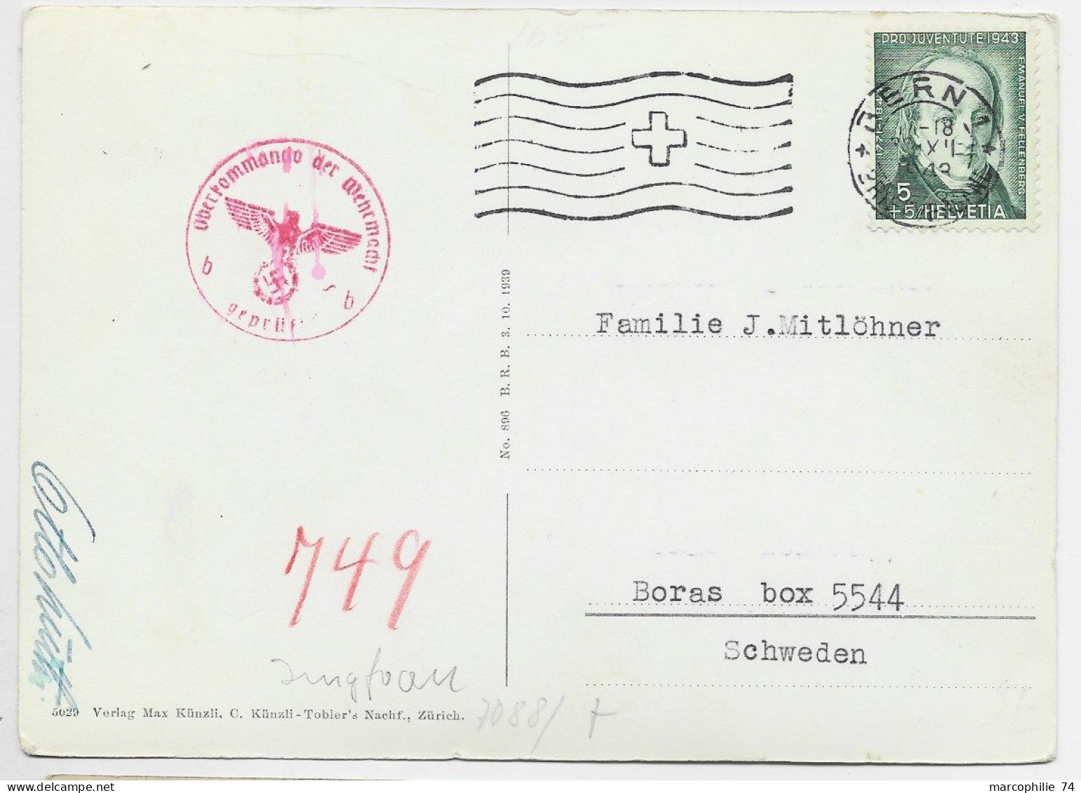 PRO JUVENTUTE SUISSE 5C SOLO CARTE BERN 1943 TO SUEDE SWEDEN CENSURE NAZI AIGLE - Lettres & Documents