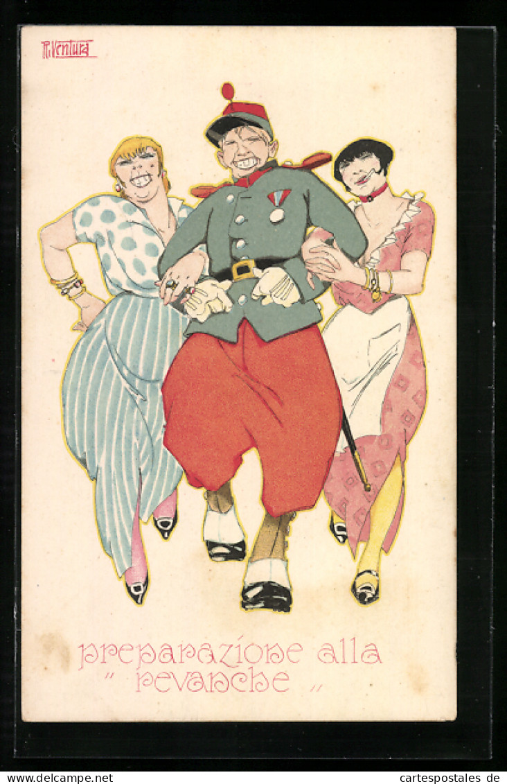 Künstler-AK Sign. Riventura: Soldat In Uniform Mit Zwei Frauen  - Autres & Non Classés