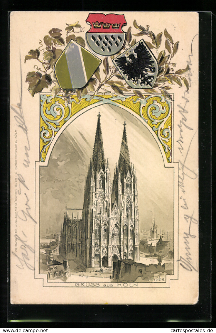 Passepartout-Lithographie Köln, Dom Im Sonnenlicht, Wappen  - Sonstige & Ohne Zuordnung