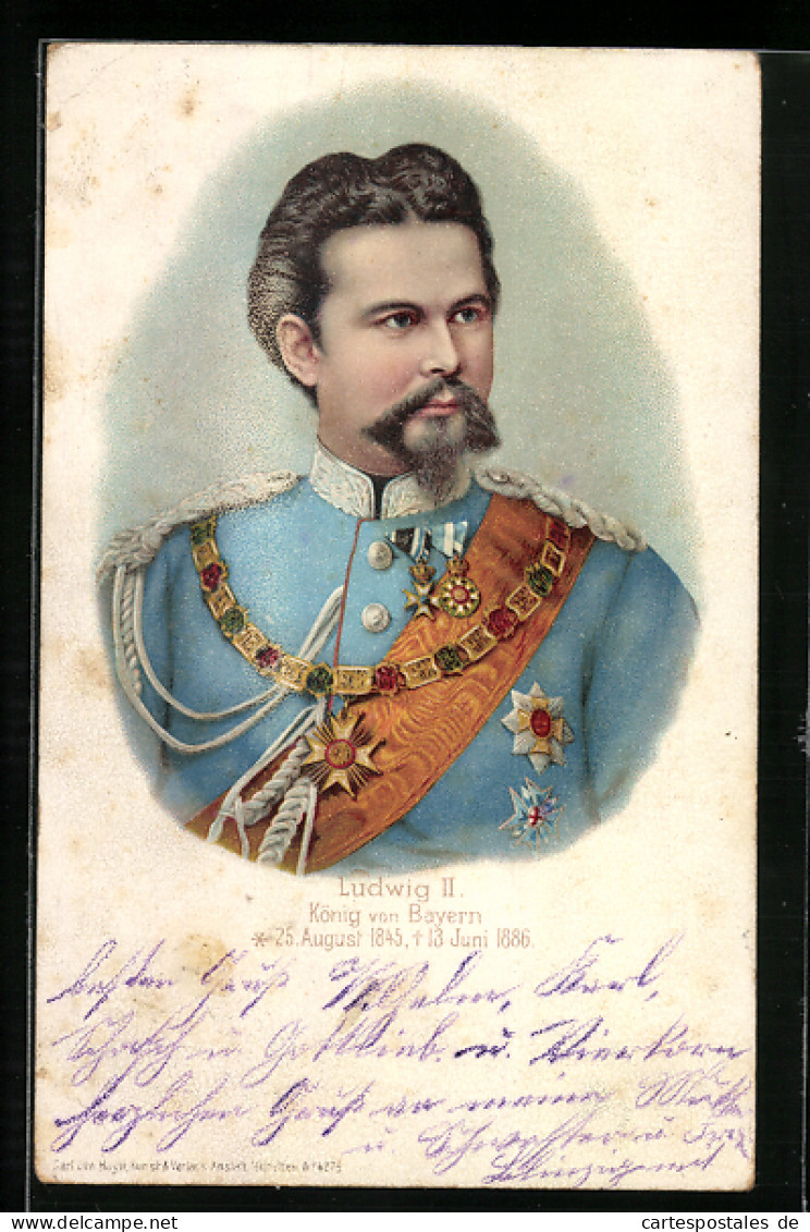 Lithographie Portrait Von Ludwig II. Von Bayern In Uniform  - Familles Royales