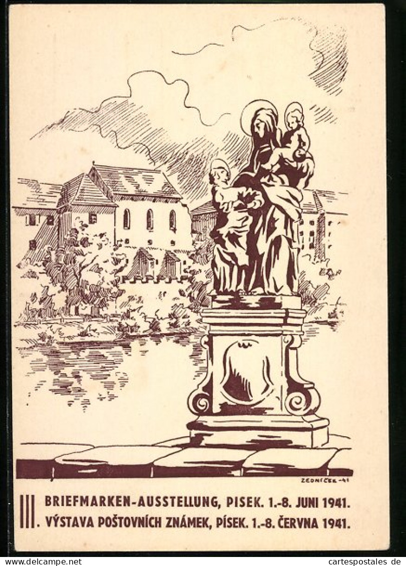 Künstler-AK Pisek, Briefmarken-Ausstellung 1941, Ortspartie Mit Standbild  - Czech Republic