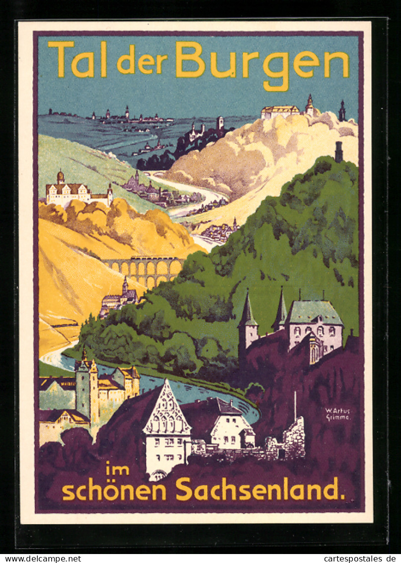 Künstler-AK Glauchau, Blick In Das Tal Der Burgen  - Werbepostkarten