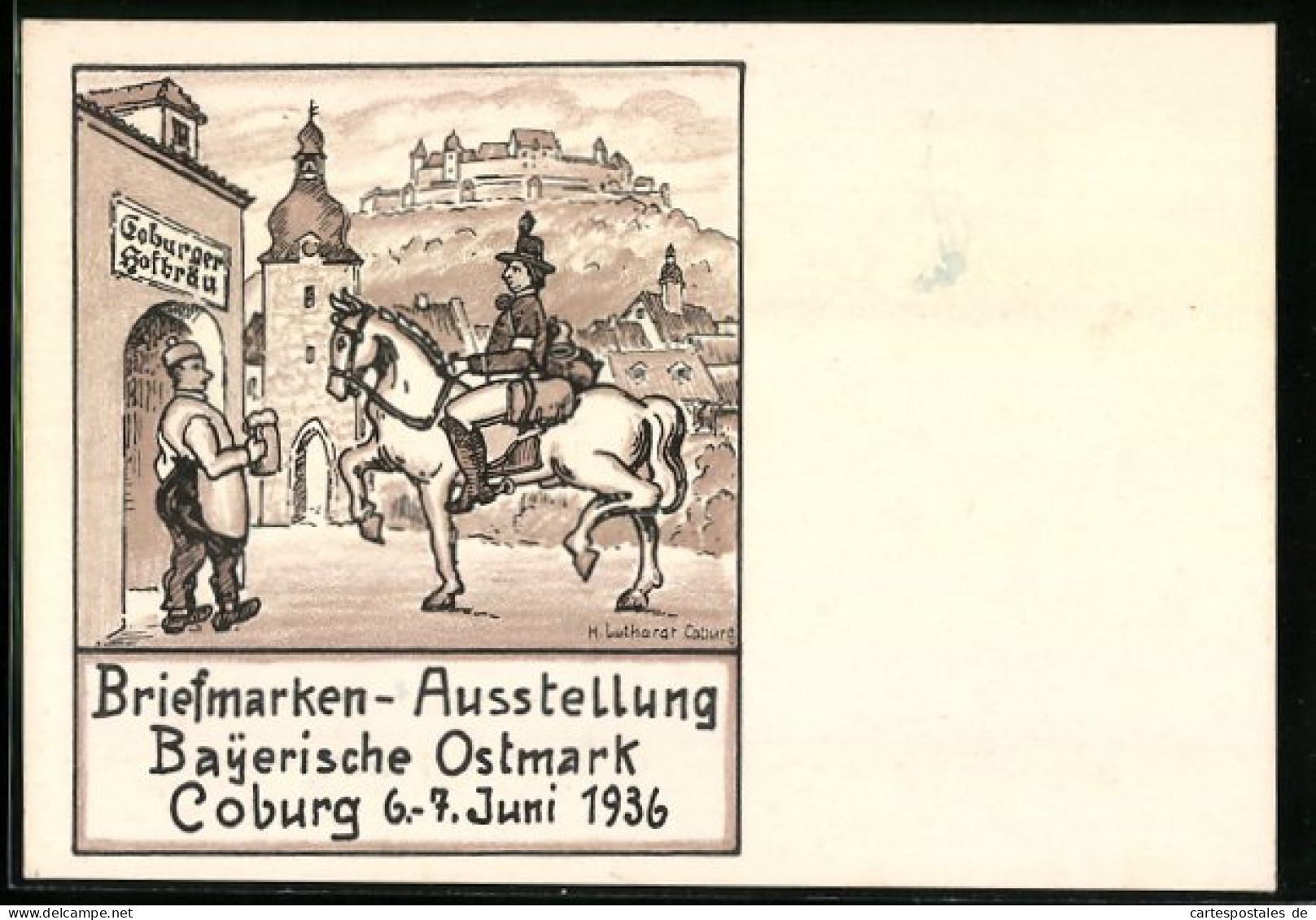 Künstler-AK Coburg, Briefmarken-Ausstellung 6.-7. Juni 1936, Postillon Vorm Gasthaus  - Briefmarken (Abbildungen)