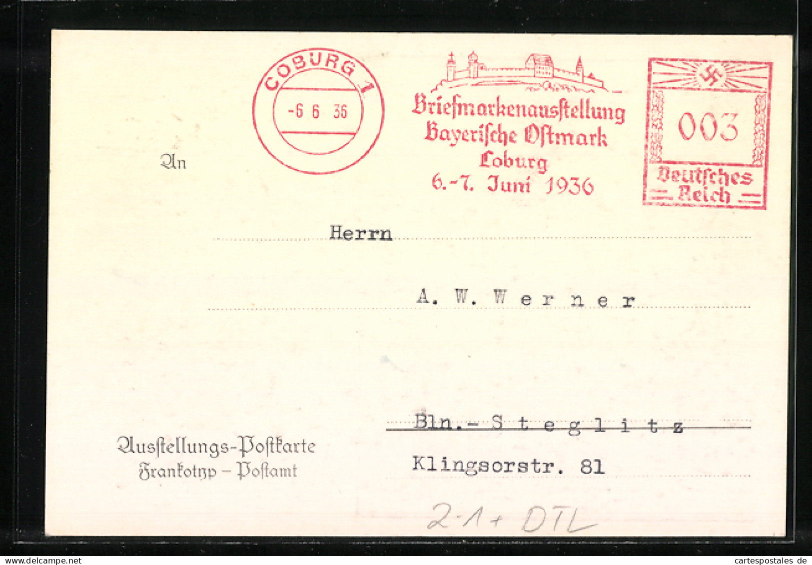 Künstler-AK Coburg, Briefmarken-Ausstellung 6.-7. Juni 1936, Postillon Vorm Gasthaus  - Timbres (représentations)