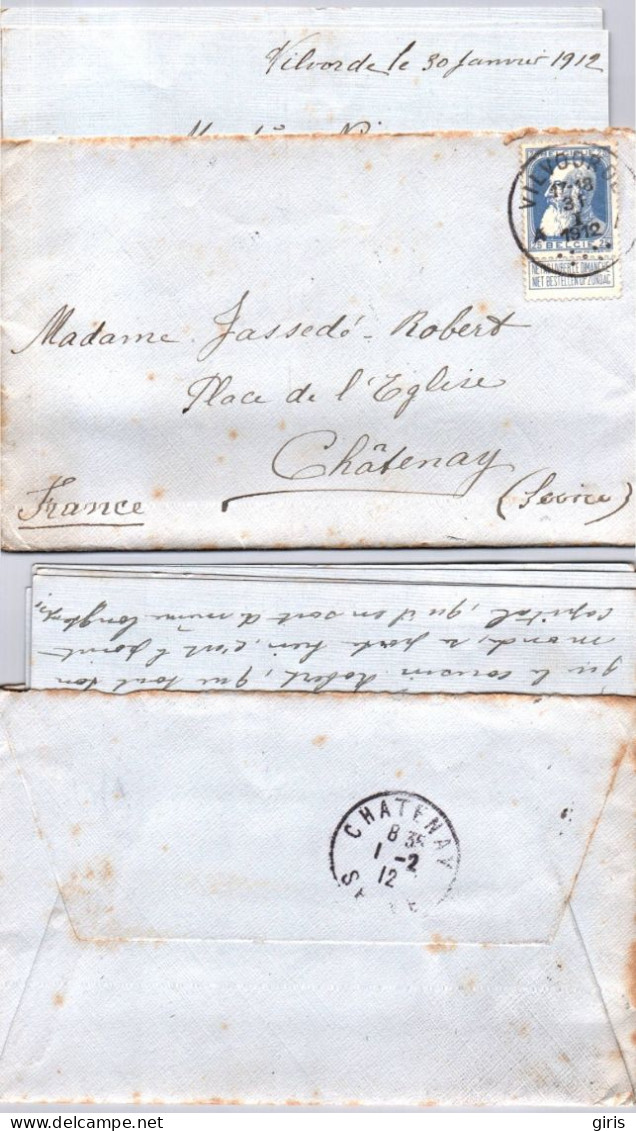 Belgique - Brief Van Vilvoorde 1912 - Avec Courier - Chatenay France - Sonstige & Ohne Zuordnung
