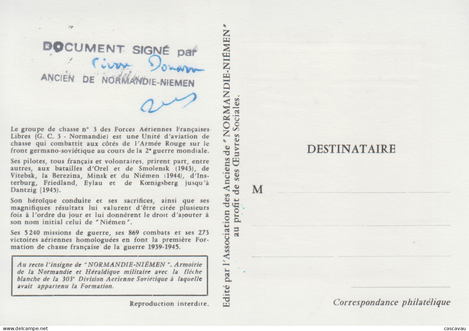 Carte   Maximum   1er   Jour    FRANCE    Escadrille  NORMANDIE - NIEMEN    Avec   Signature  D'un  Vétéran   1969 - 1960-1969