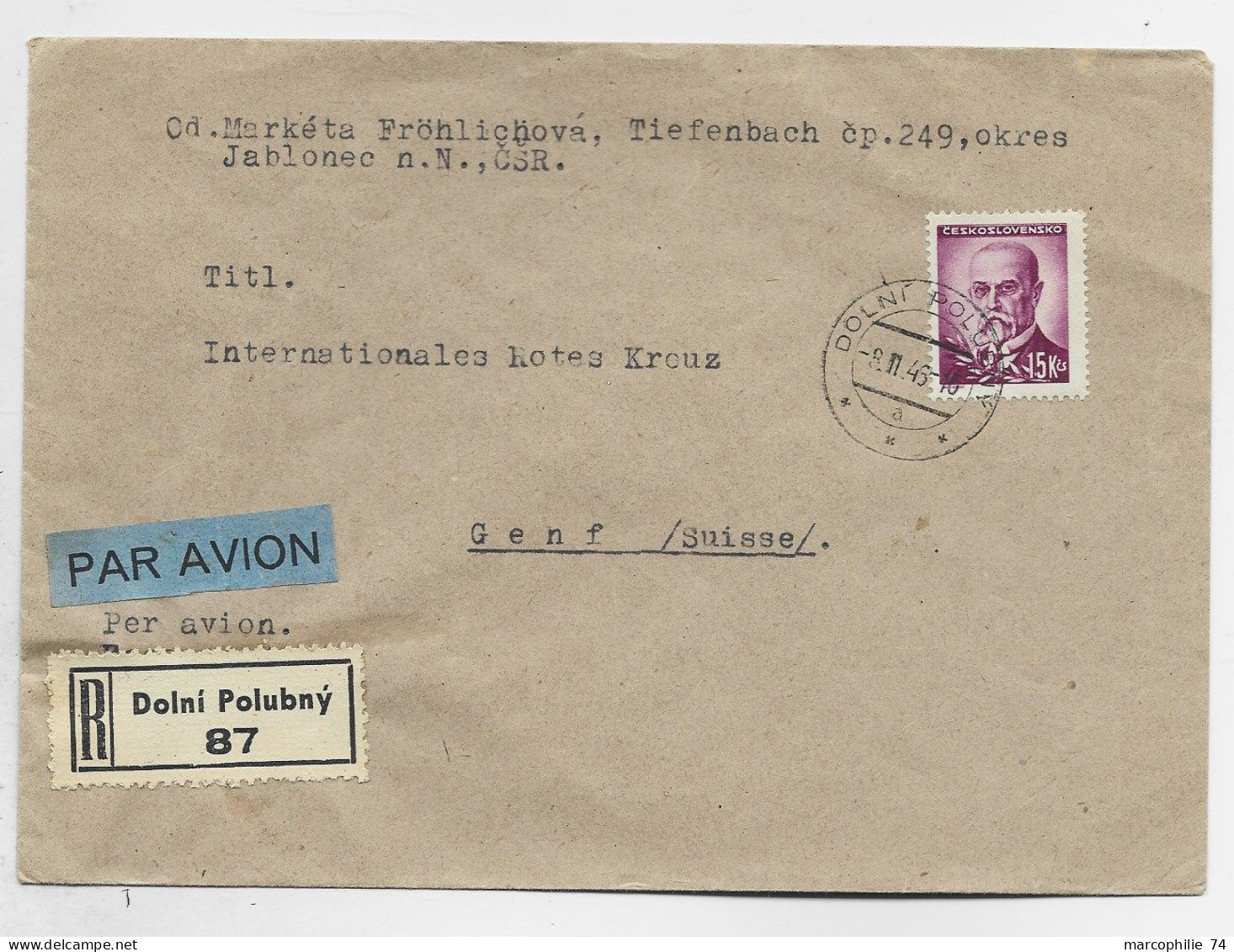 CESKOSLOVENKO 15 KC SOLO LETTRE COVER REC AVION DOLNI POLUBNY 8.II.1946 TO SUISSE - Briefe U. Dokumente