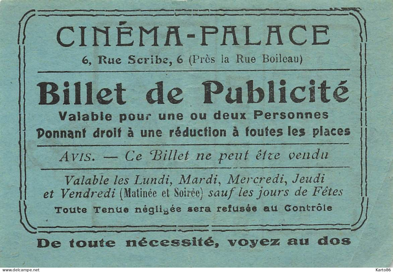 Nantes * Thème CINEMA * Cinéma PALACE 6 Rue Scribe * Ticket Billet De Publicité * Ciné Film * Pub Au Dos - Nantes