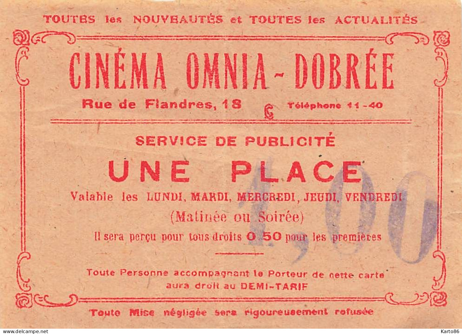 Nantes * Thème CINEMA * Cinéma OMNIA DOBREE 18 Rue De Flandres * Ticket Billet De Publicité * Ciné Film - Nantes