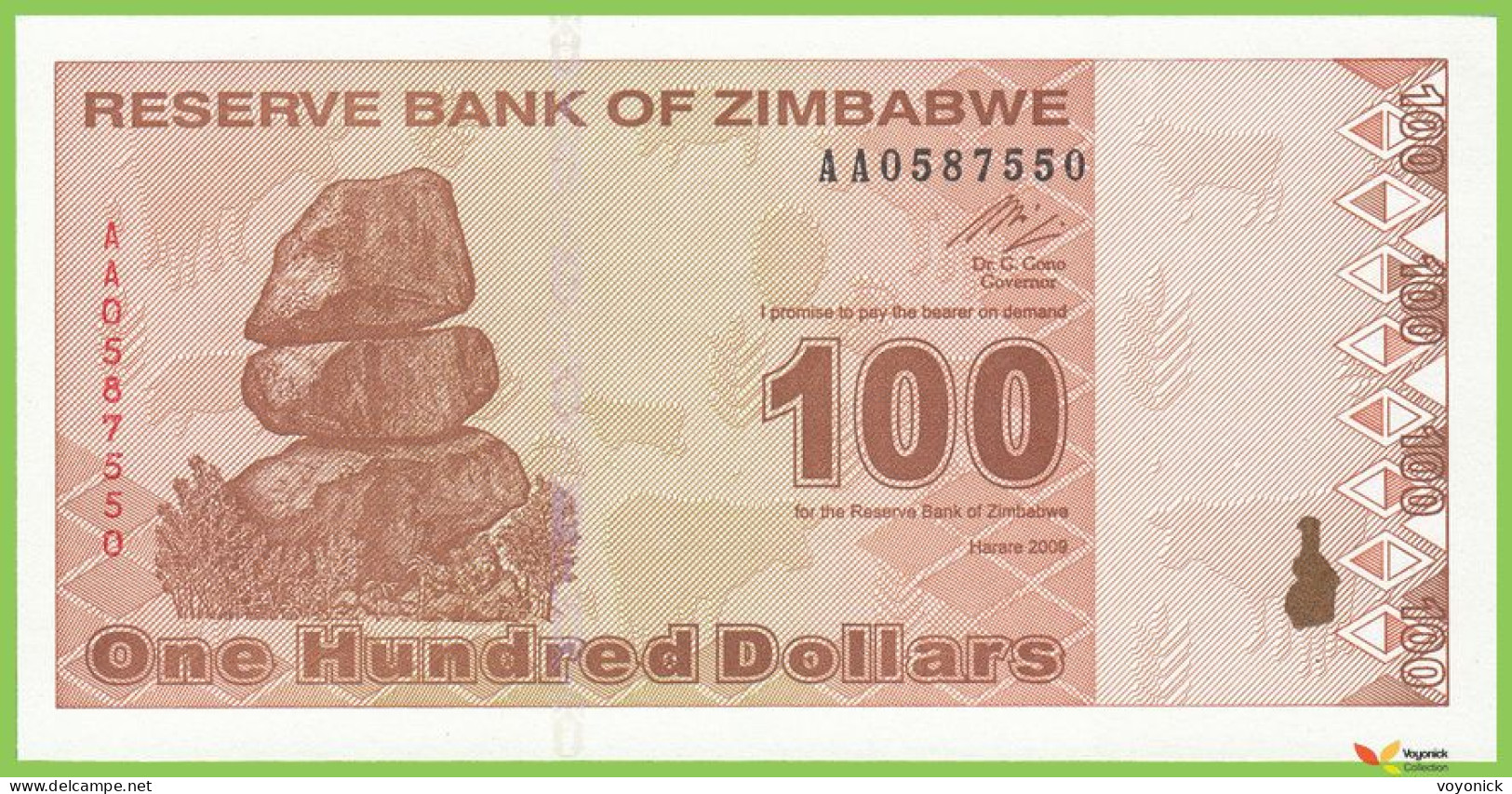 Voyo ZIMBABWE 100 Dollars 2009 P97 B188a AA UNC - Zimbabwe