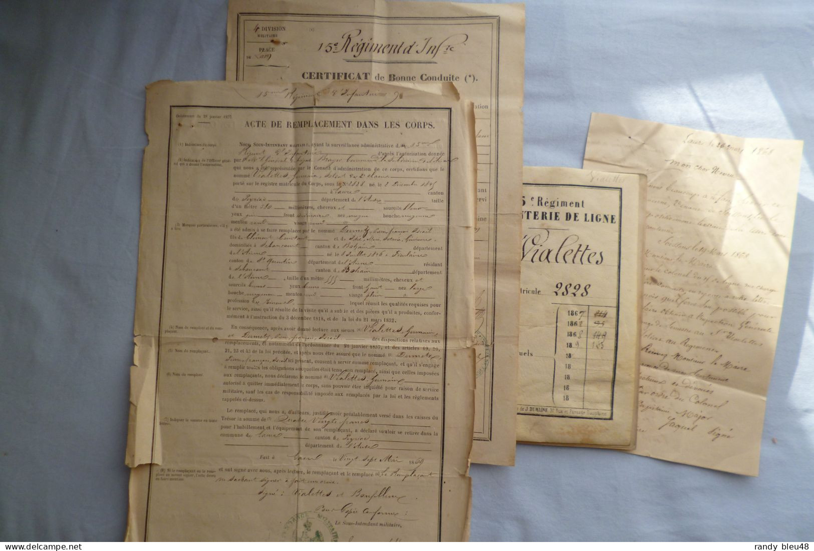 LOT  Soldat 15° Régiment De Ligne  - Livret Militaire - Acte De Remplacement  -  Certificat Bonne Conduite  - 1869 - Documents