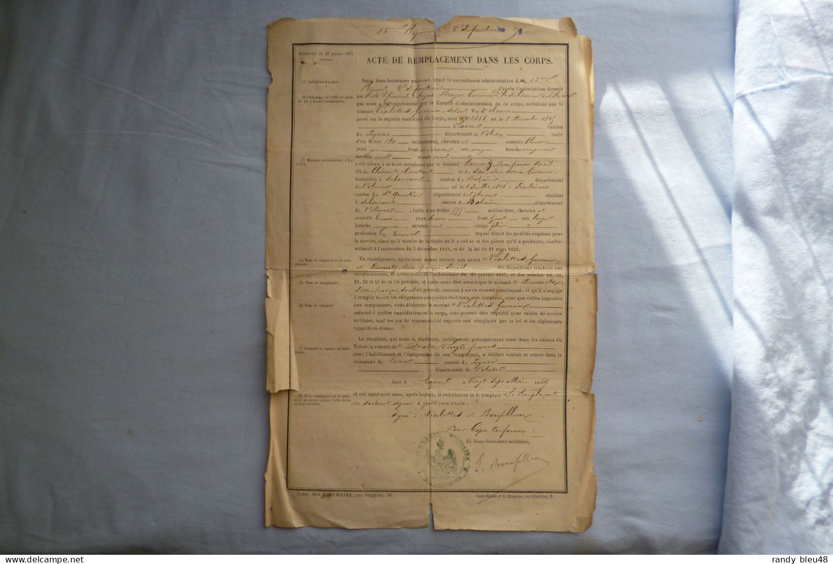 LOT  Soldat 15° Régiment De Ligne  - Livret Militaire - Acte De Remplacement  -  Certificat Bonne Conduite  - 1869 - Documents