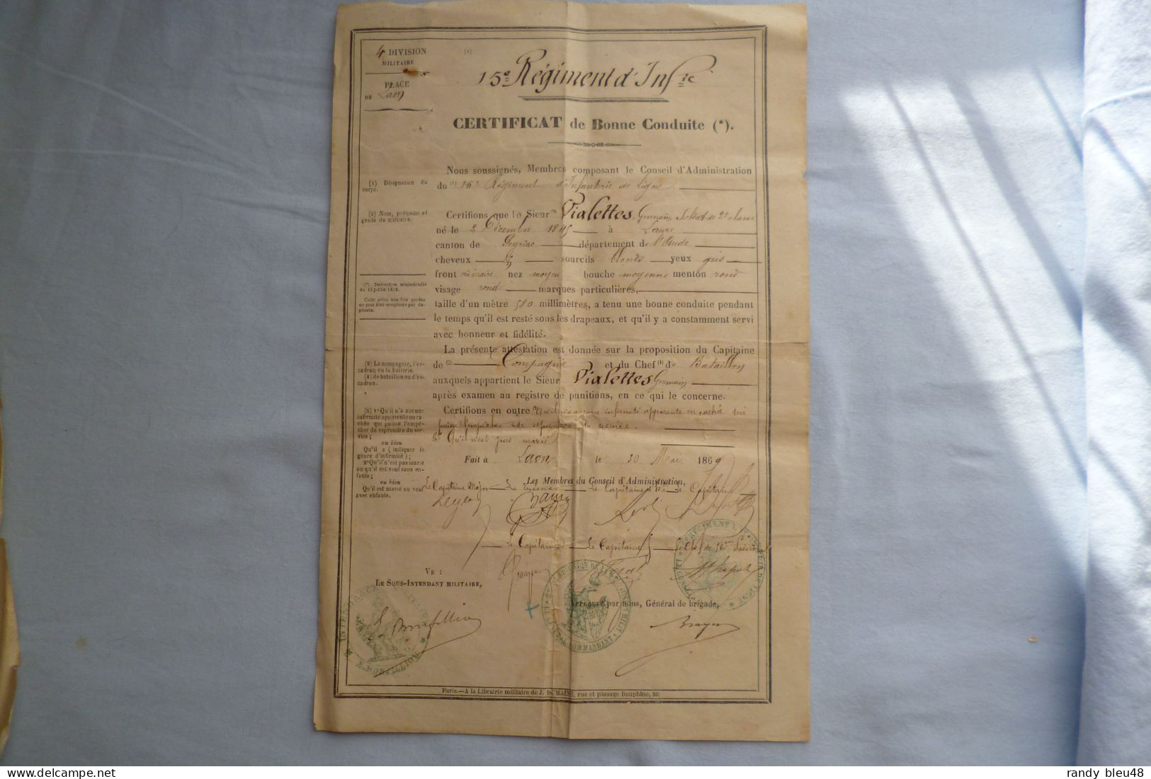 LOT  Soldat 15° Régiment De Ligne  - Livret Militaire - Acte De Remplacement  -  Certificat Bonne Conduite  - 1869 - Documents