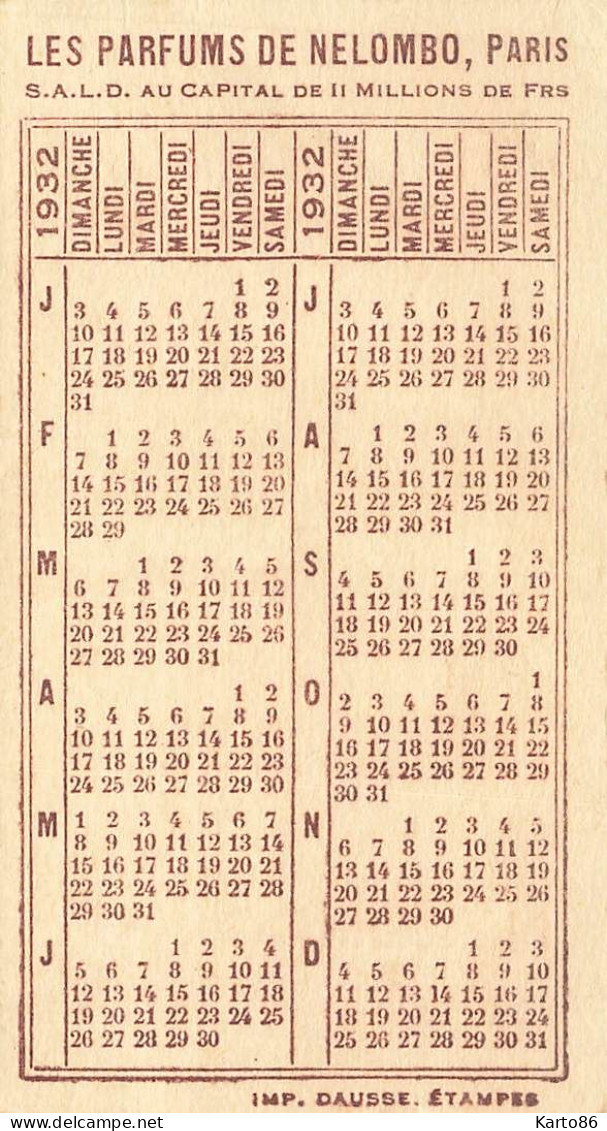 Mode * Carte Parfumée Calendrier 1932 " Parfum POIS DE SENTEUR De NELOMBO " * Parfumerie - Mode