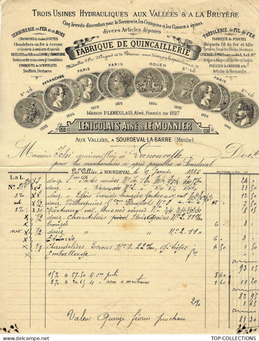 1886 ENTETE LENICOLAIS Ainé & Le Monnier Fabrique De Quincaillerie Aux Vallées Sourdeval La Barre Manche >la Nouvelle - 1849-1876: Période Classique