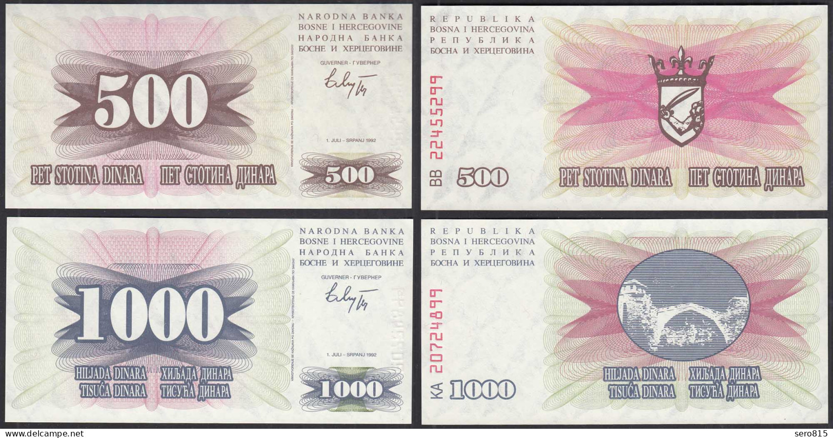 Bosnien Herzegowina - 500 + 1000 Dinara 1992 Pick 14a + 15a UNC (1)   (28913 - Bosnien-Herzegowina