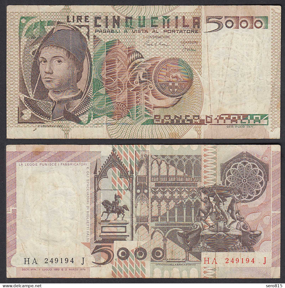 Italien - Italy 5000 Lire 1980 Pick 105b F (4) Präfix HA Surfix J  (29566 - Sonstige & Ohne Zuordnung